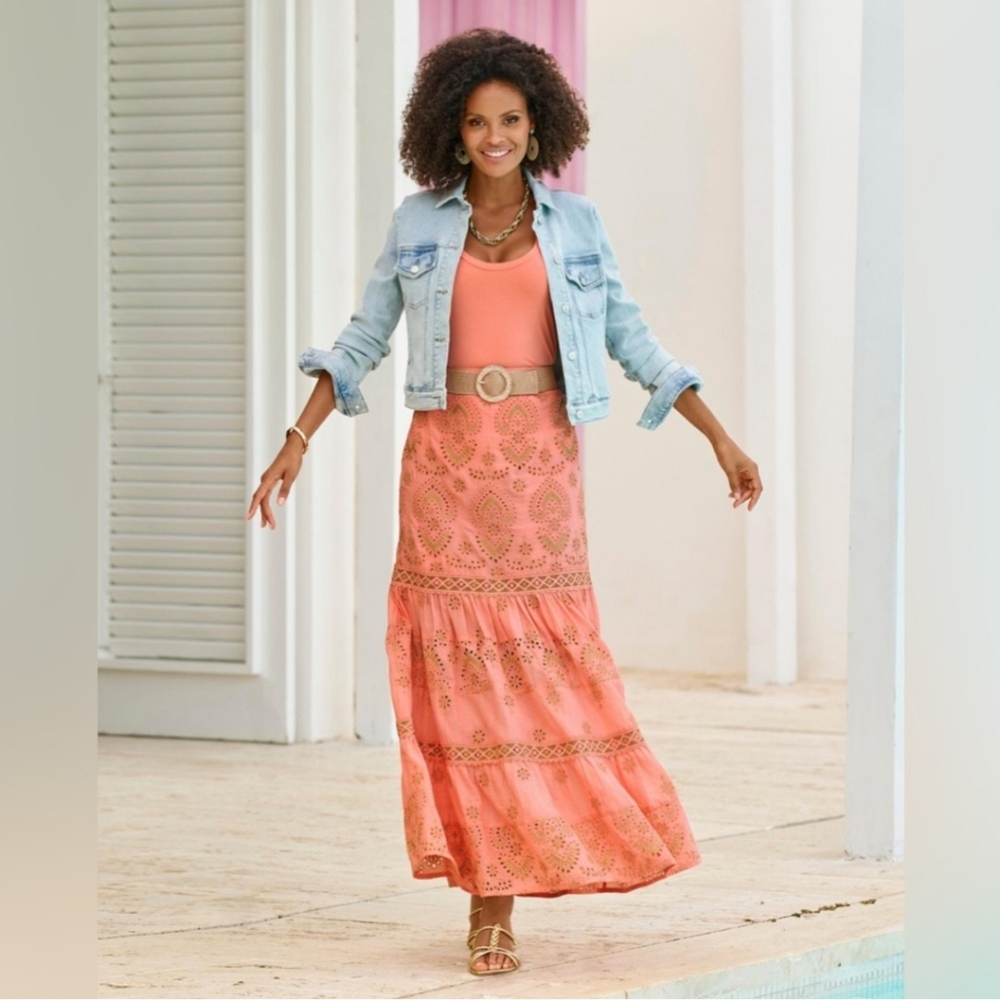 🧡 BOSTON PROPER Coral METALLIC EMBROIDERED EYELET MAXI SKIRT 🧡